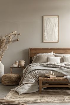 a large bed sitting next to a white vase filled with flowers on top of a table