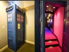 the doctor who tardis home cinema is on display in this room with red carpet