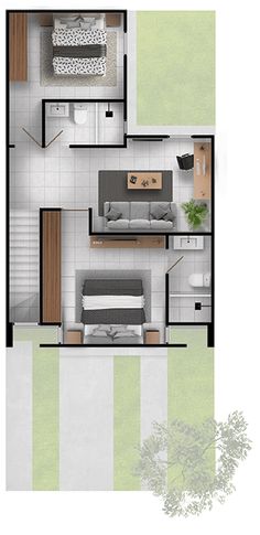 an overhead view of a bedroom and living room in a small house with green walls