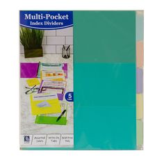 multi - pocket index dividers in assorted colors, 5 / pkg