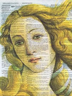 a drawing of a woman's face on top of an old dictionary book page