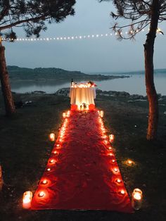 a red carpeted path with lit candles leading down to the water at night time