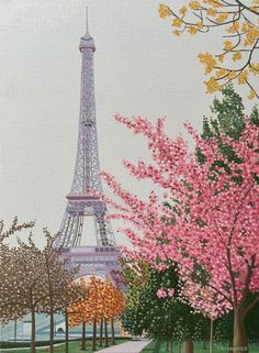 a painting of the eiffel tower in paris with trees and flowers around it