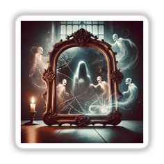 there is a mirror with ghost pictures on it and a candle in front of it