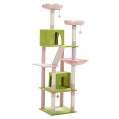 the cat tree is green and pink