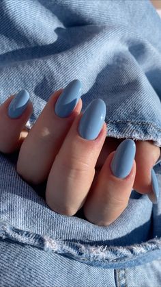 Sky Blue Acrylics, Muted Blue Nails, Greyish Blue Nails, Nail Ideas Solid Colors, Blue Natural Nails, Nails Astethic, Nail Colors Simple, Nails Azul, Baby Blue Nails