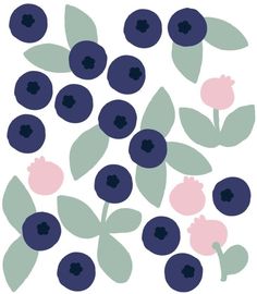 blueberries and pink flowers are arranged in the shape of a flower with green leaves