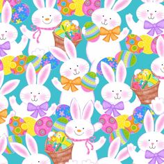 an easter pattern with rabbits, eggs and flowers on a blue background for wallpaper