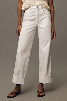 100% cotton Five-pocket styling Front zip Machine wash USA | Sonia Cuffed High-Rise Straight-Leg Jeans by AMO in White, Women's, Size: 30, Cotton at Anthropologie Denim Outfits, White Straight Jeans Outfit, Straight Jeans Outfit, Off White Jeans, White Jeans Outfit, Cuffed Jeans, 50 Fashion, Jean Outfits, Fashion Sense