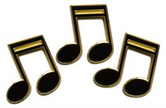 three black and gold musical notes on a white background