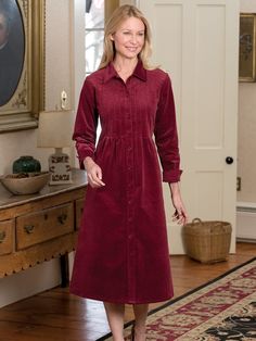 You'll Love the Graceful Drape of Our Soft Pinwale Corduroy Dress Corduroy Button-up Dress With Button Closure, Fall Corduroy Dresses With Button Closure, Corduroy Dress Outfit, Warm Winter Dresses, Corduroy Overall Dress, Vermont Country Store, Floral Tunic Tops, Winter Dress Outfits, Fall Winter Dresses