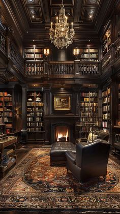 a living room filled with furniture and a fire place under a chandelier covered in books