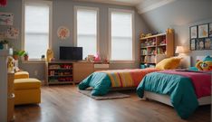 a child's bedroom with two beds and toys on the floor in front of windows