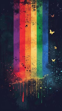 a rainbow colored wallpaper with butterflies flying over it and dripping paint on the walls