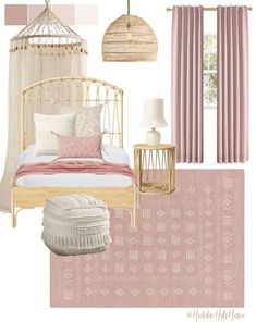 a bedroom with pink and gold accents