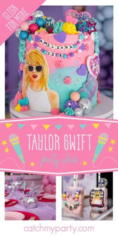 a birthday cake with the name taylor swift on it and images of cakes in front