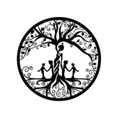 a black and white drawing of a tree with four people holding hands in the shape of a circle