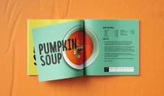 an open brochure with the words pumpkin soup on it's front page