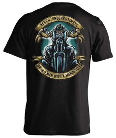 a black t - shirt with an image of a motorcyclist on it