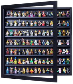 a display case filled with lots of lego minifigure action figures on black shelves