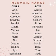 the names of mermaid names for girls in english and spanish, on a pink background