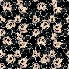 mickey mouse faces on black background with pink and white circles in the shape of hearts