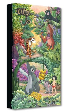 the jungle book cover with an image of animals and monkeys on it's side