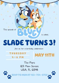 a blue birthday party with two cartoon dogs on the front and back of it,