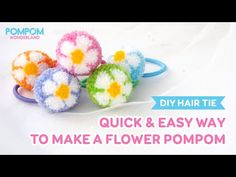 four crocheted flower hair ties with text overlay that reads, diy hair tie quick and easy to make a flower pompom