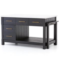 a black and white table with two drawers on one side and an open drawer on the other