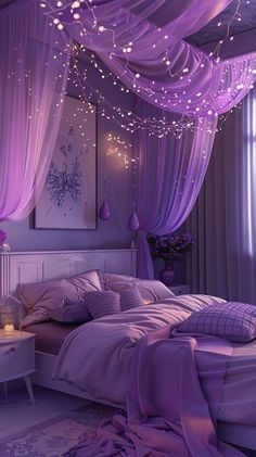 a bedroom with purple curtains and lights on the ceiling