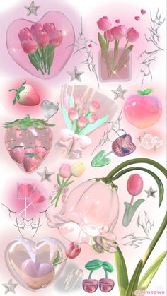 a bunch of pink flowers and hearts on a white background