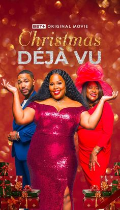 the christmas deja vu movie poster with two women in red dresses and presents around them