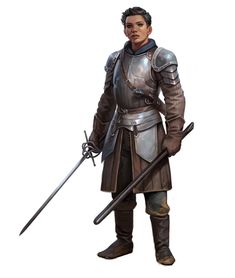 an image of a man in armor holding two swords and standing with his hand on his hip