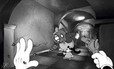 an animated cartoon character is pointing at another character in the background with their hands up