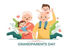 an elderly couple and two children celebrating grandparents day