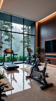 an exercise room with treadmills, television and large windows overlooking the trees in the distance