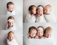 four photos of three newborn babies wrapped in blankets