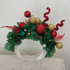 a christmas wreath with red and green ornaments