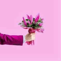 a person in a pink suit holding a bunch of flowers on a bright pink background