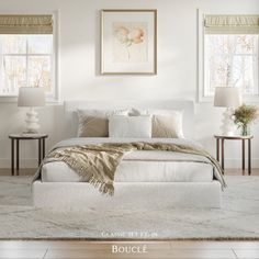 a bedroom with white walls and carpeted flooring is pictured in this ad for boucle