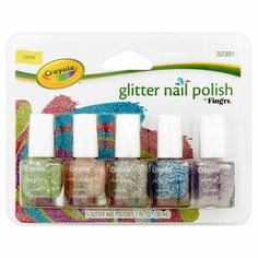 Fing'rs Crayola Glitter Nail Polish Set New In Box  5 COLORS SET INCLUDES 0.20 fl oz, Each 5 ct Fing'rs Crayola Glitter Nail Polish offers a fun way to express your personal creativity. It features Fing'rs Crayola Glitter Nail Polishes allow fingers and toes to sparkle with glitter shapes and just a hint of color. Enjoy! All girls love glitter and shine. Crayola is a trademark of Crayola used under license 5 bottles per pack Colors include:  Sea Green,  Tickle Me Pink Silver Sparks Pacific Blue Pink Crayon, Nail Polish Gift Set, Nail Polish Gift, Crayola Markers, Pink Costume, Colored Pencil Set, Crayola Crayons, Nail Polish Set, Lip Gloss Set