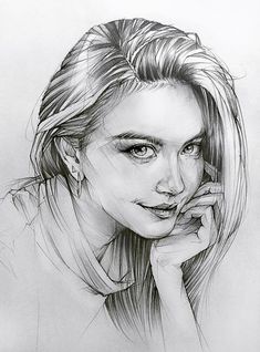 a pencil drawing of a woman with her hand on her chin