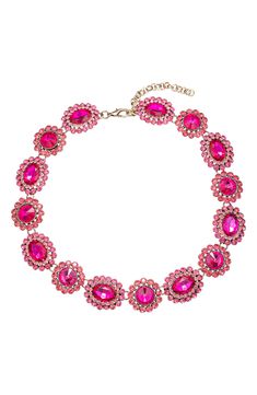 Hot pink crystals bring eye-catching sparkle to a glamorous collar necklace finished in gleaming goldtone plate. 10" length; 2" extender Lobster clasp closure Goldtone plate/glass Imported Diy Anniversary Gifts For Her, Hot Pink Jewelry, Luxury Birthday Gifts, Bright Jewelry, Pink Chain, Pink Items, Pink Statement Necklace, Crystal Belt, Vintage Choker