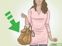 a woman holding a handbag and pointing to an upward arrow on the wall behind her