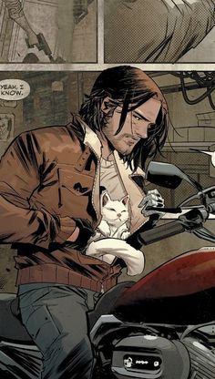 a comic book page with a man on a motorcycle and a cat in his lap