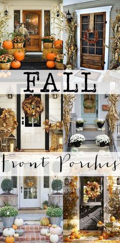 the front porch is decorated for fall with pumpkins and gourds on it