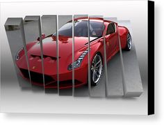 a red sports car is seen through bars in this metal print that looks like it has been cut out