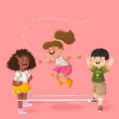 three children jumping on a trampoline with pink background