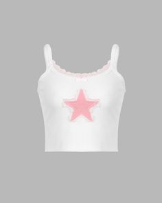 Details: White cami top with front star designTop Length: CroppedSleeve Length: SleevelessMaterials:35% Cotton + 60% Polyester + 5% Spandex Y2k Grunge Aesthetic, White Cami Tops, Moda Aesthetic, 90s Hip Hop Fashion, White Cami, Pink Star, Crop Tank Top, Star Design, Pink Stars